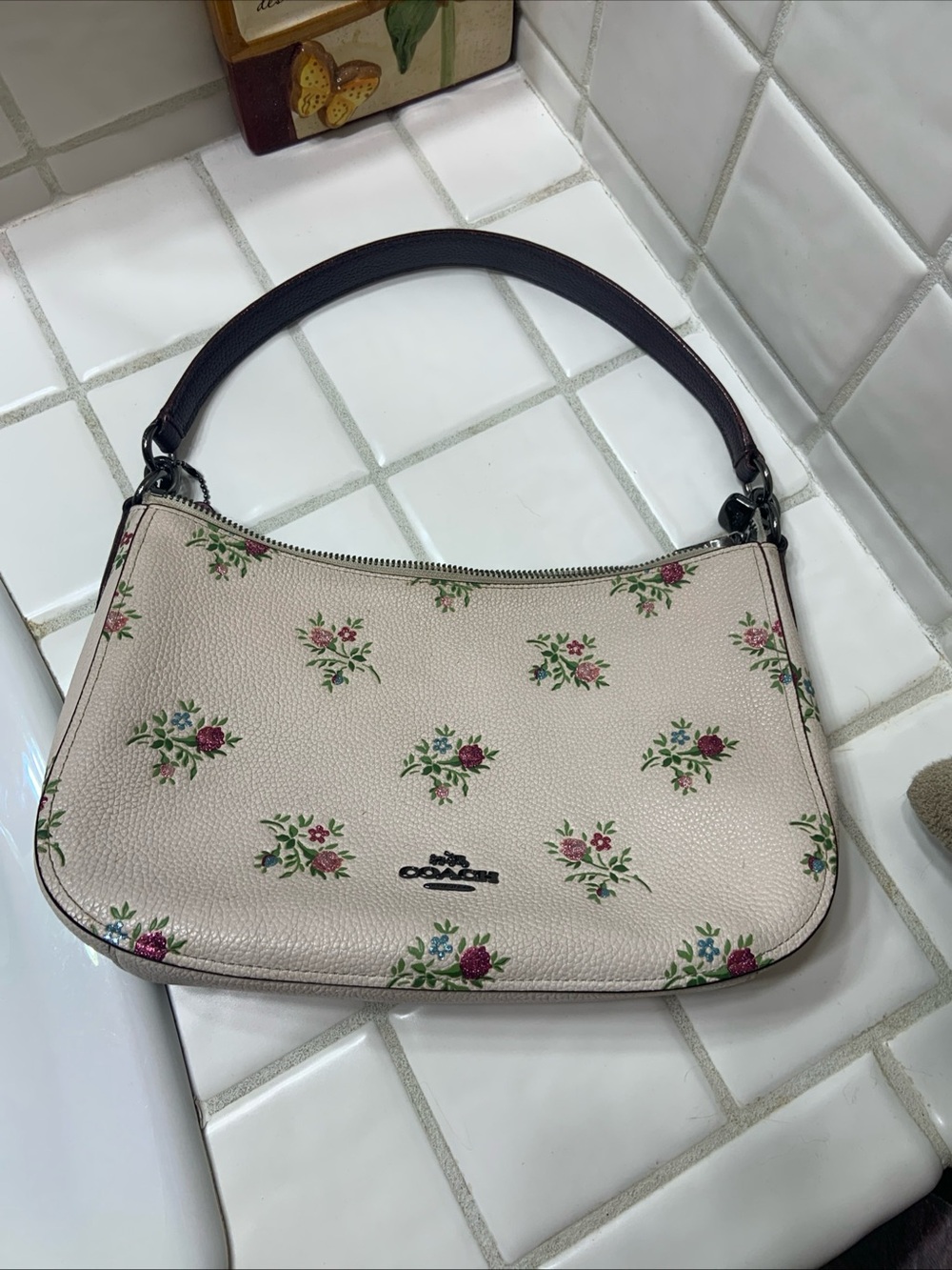 Coach Chelsea 22830 Cream Floral Pebbled Leather Shoulder Bag with Brown Strap